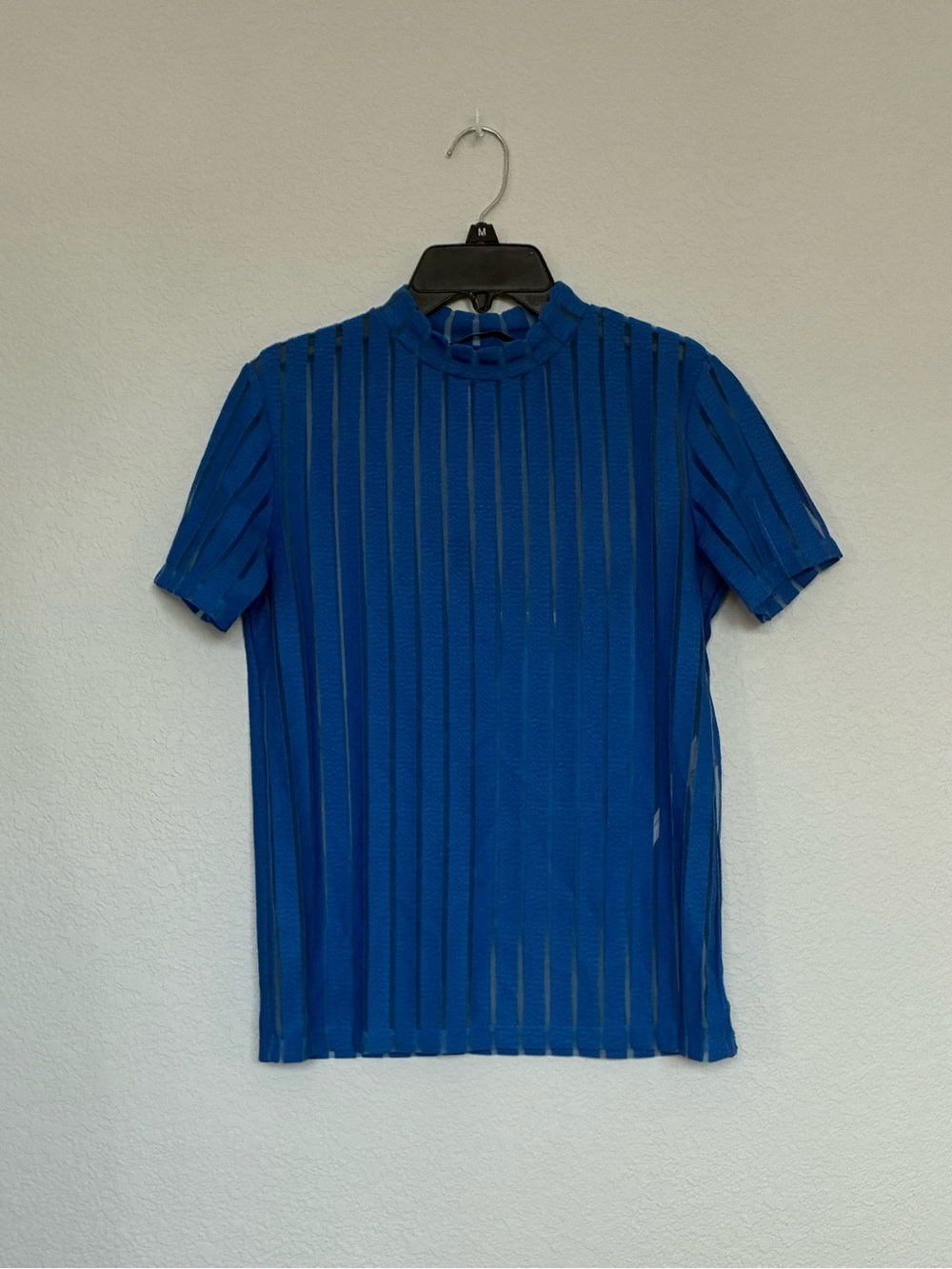 ZARA Trafaluc Sheer Striped Mock Neck Top Womens Small Blue Short Sleeve